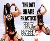 Red puke from Deep throat practice - Split Screen from girl full real snake in her pussy