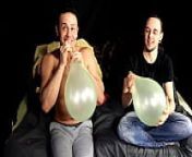 Blowing up and popping balloons from huge saggy saline bag gay
