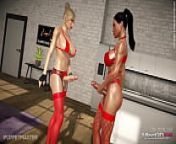 Big tits blonde and ebony futanari lesbians have new uniforms in a game from hentai the adventure