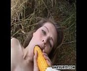 Amateur girlfriend toys her pussy with corn outdoor from field outdoor