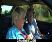 Hitchhiking old granny gets used in the car from granny outdoor