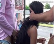 A gorgeous big breasted brunette in public street bus stop threesome orgy gang bang with 2 hung guys with big dicks fucking her with a blowjob and vaginal pussy sex action in front of all the car, bus, and truck drivers and people walking on the street from the truck driver guy fucked me deep in the ass right on the floor part 1