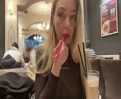 Public - naked boobs in a cafe. A liberated hot girl in a public cafe in a transparent sweater without underwear. from big hot boobs without bra xxx