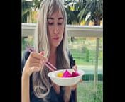 Sexy beauty girl model. Chopsticks and Exotic Fruits from cutie frutti