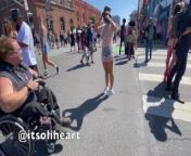 Sheer clothes walking around Folsom Street Fair from walking braless in the street