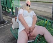 BBW SSBBW - Mature hijab Milf masturbating with big dildo publicly at bus stop with cars passing by from hijab outdoor